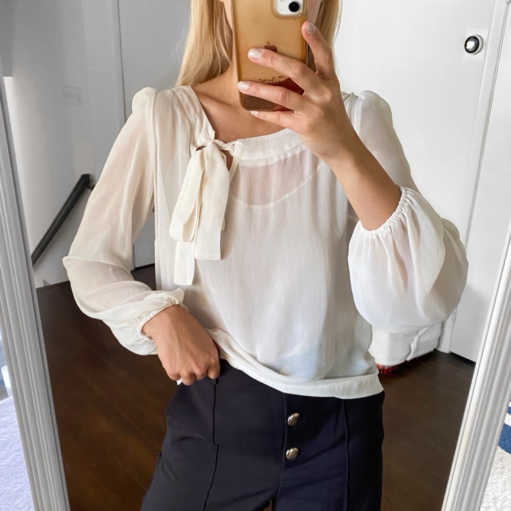 🐚 CLASSY BOW TIE PUFF SLEEVE SHEER BLOUSE!